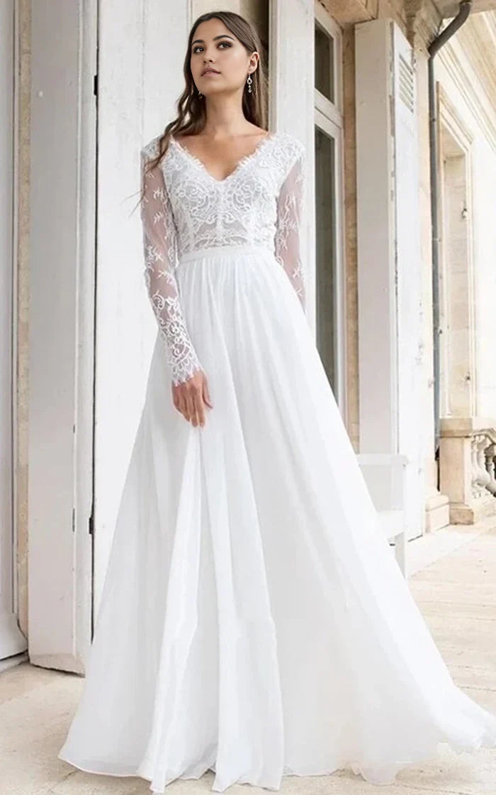 Vestido de novia de gasa con encaje, escote en V y manga larga, corte A, largo hasta el suelo